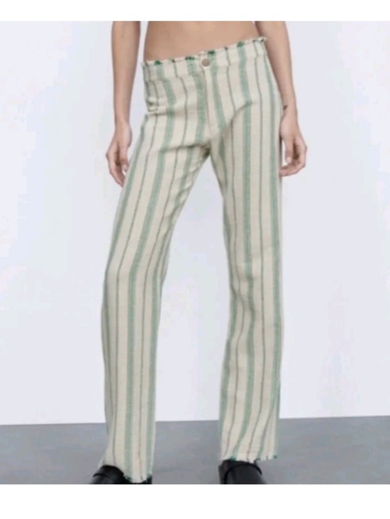 Zara Pants - Zara Beth Pant - Cream Pants with Green Vertical Stripes